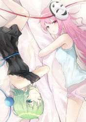 Rule 34 | 2girls, ;), absurdres, bare arms, bare shoulders, bed sheet, black dress, blue sash, blue shirt, blush, breasts, commentary request, cowboy shot, dress, feet out of frame, green eyes, green hair, hata no kokoro, highres, komeiji koishi, long hair, looking at viewer, lying, mask, mask on head, medium breasts, multiple girls, hugging object, off-shoulder dress, off shoulder, on side, one eye closed, parted lips, pink eyes, pink hair, pink shorts, rice (okome no naru ki), sash, shirt, short hair, short shorts, shorts, smile, tank top, thighs, third eye, touhou, upside-down