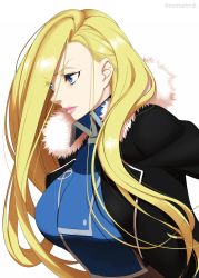 Rule 34 | 1girl, blonde hair, blue eyes, breasts, commentary request, fullmetal alchemist, fur trim, highres, jacket, large breasts, lipstick, long hair, long sleeves, makeup, mattari yufi, military, military uniform, olivier mira armstrong, solo, twitter username, uniform, upper body, white background