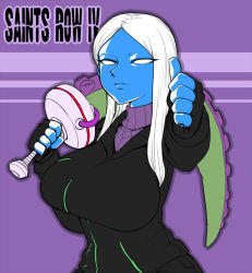 Rule 34 | 1girl, alternate weapon, blue skin, boss (saints row), breasts, colored skin, copyright name, dildo, fingerless gloves, gloves, hood, hoodie, large breasts, lips, long hair, no pupils, parted bangs, ribbed sweater, saints row, sex toy, solo, spacezin, sweater, tentacles, thumbs up, turtleneck, weapon, white hair