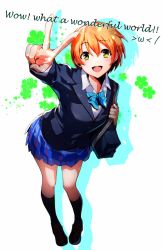 Rule 34 | 1girl, :d, absurdres, bag, black footwear, black jacket, black socks, blue bow, blue bowtie, blue skirt, bow, bowtie, collared shirt, dress shirt, full body, green eyes, hair between eyes, highres, holding, holding bag, hoshizora rin, jacket, kneehighs, loafers, long sleeves, looking at viewer, love live!, love live! school idol project, miniskirt, nakano maru, open mouth, orange hair, outstretched arm, plaid, plaid skirt, pleated skirt, school bag, shirt, shoes, short hair, skirt, smile, socks, solo, standing, striped bow, striped bowtie, striped clothes, striped neckwear, v, white background, white shirt, wing collar