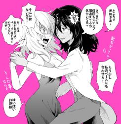 Rule 34 | 2girls, andou (girls und panzer), angry, black hair, blonde hair, blush, dancing, dark-skinned female, dark skin, dress, face-to-face, girls und panzer, hand on another&#039;s hip, holding hands, looking at another, medium hair, messy hair, moekichi, multiple girls, open mouth, oshida (girls und panzer), pants, pink background, simple background, smile, teeth, tongue, yuri