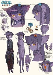 Rule 34 | 1girl, ?, ass, cat, character name, character sheet, color guide, colored skin, completely nude, expressionless, female focus, flat chest, furry, furry female, glasses, grey background, hair ornament, highres, idkuroi, japanese text, long skirt, multiple views, noire kooshe, nude, open mouth, orange eyes, original, purple hair, simple background, skirt, tongue, tongue out, translation request