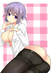 Rule 34 | 1girl, areola slip, ass, black pantyhose, breasts, clothes pull, hal (ojou), hand on own chest, hand on own chin, kainou yoshiko, large breasts, looking at viewer, pantyhose, pantyhose under shorts, plaid, plaid background, purple eyes, purple hair, saki (manga), short shorts, shorts, shorts pull, solo