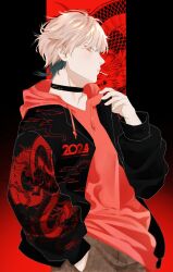 Rule 34 | 1boy, 2024, black background, black choker, candy, chinese new year, chinese zodiac, choker, commentary, dragon, dragon print, eastern dragon, english commentary, food, hand in pocket, highres, holostars, hood, hoodie, jacket, lollipop, looking at viewer, male focus, nemuree, open clothes, open jacket, pink hair, pink hoodie, profile, red background, rikka (holostars), short hair, simple background, solo, upper body, virtual youtuber, year of the dragon