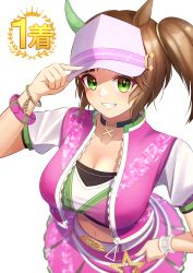 Rule 34 | 1girl, absurdres, animal ears, blurry, breasts, brown hair, choker, cleavage, collarbone, crop top, cropped jacket, depth of field, ear covers, foreshortening, freckles, from above, green eyes, grin, hand on own hip, hat tip, highres, horse ears, horse girl, horse tail, ines fujin (umamusume), large breasts, long hair, looking at viewer, midriff, navel, pleated skirt, short sleeves, side ponytail, simple background, single ear cover, skirt, smile, solo, tail, uine (bobhairshuki), umamusume, visor cap, white background