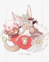 Rule 34 | 2others, :3, :d, animal ears, brown fur, commentary request, copyright name, ears through headwear, fake horns, fangs, full body, furry, grey background, grey hair, hand up, helmet, highres, horizontal pupils, horned helmet, horns, in container, in pot, mitty (made in abyss), multiple others, nanachi (made in abyss), negomori, open mouth, pants, pink eyes, pouch, puffy pants, red pants, red pupils, short hair, smile, tail, topless, twitter username, whiskers, yellow eyes
