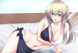 Rule 34 | 1girl, arm support, bed, bikini, black sarong, blonde hair, blue eyes, breasts, cleavage, collarbone, commentary request, cowboy shot, graf zeppelin (kancolle), highres, jewelry, kantai collection, large breasts, looking at viewer, lying, navel, on side, ring, sarong, side-tie bikini bottom, sidelocks, smile, solo, swimsuit, twintails, two-tone bikini, utsumi karmin, wedding band