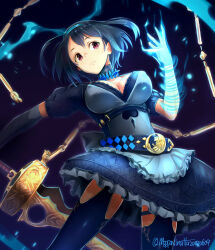 Rule 34 | 1girl, alice (sinoalice), artist name, belt, blue dress, blue gloves, blue hair, blue thighhighs, bob cut, breasts, cleavage, cleavage cutout, closed mouth, clothing cutout, dress, elbow gloves, gloves, glowing, headband, highres, holding, holding sword, holding weapon, large breasts, looking at viewer, mappaninatta, purple eyes, short hair, short sleeves, sinoalice, solo, sword, thighhighs, weapon