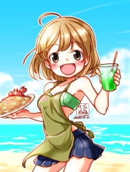Rule 34 | 1girl, apron, artist logo, beach, bikini, blue skirt, blue sky, breasts, brown hair, cloud, commentary request, crab, dated, day, drink, fang, food, fried rice, green apron, green bikini, horizon, kantai collection, kutone shirika, oboro (kancolle), ocean, official alternate costume, outdoors, pleated skirt, short hair, skirt, sky, small breasts, swimsuit, waves