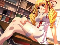 Rule 34 | 1girl, arm support, blonde hair, book, bookshelf, breasts, classroom, cleavage, corset, crossed legs, desk, dress, drill hair, dutch angle, game cg, hair ribbon, hand on thigh, hat, head tilt, indoors, ino (magloid), large breasts, legs, long hair, looking at viewer, nurse, nurse cap, oshioki sweetie, pink eyes, pleated skirt, ribbon, school, shinmeiji rinn, short dress, sitting, skirt, smile, solo, thighhighs, twin drills, white thighhighs