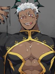 Rule 34 | 1boy, :q, abs, abs cutout, angel, bara, cleavage cutout, clothing cutout, dark-skinned male, dark skin, evil smile, halo, highres, israfil (housamo), large pectorals, looking at viewer, male focus, muscular, muscular male, nipples, nizitaro, pectoral cleavage, pectorals, pouring, pouring onto self, red eyes, short hair, sideburns, smile, solo, tokyo houkago summoners, tongue, tongue out, upper body, white hair, zabaniyya (housamo)