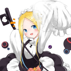 Rule 34 | 1girl, :d, abigail williams (fate), abigail williams (festival outfit) (fate), blue eyes, blush, bow, commentary request, dame na hito (damenahidou), dress, fate/grand order, fate (series), from above, hair ornament, headdress, highres, holding, holding key, key, keyhole, long hair, looking at viewer, official alternate costume, open mouth, parted bangs, simple background, sleeves past fingers, sleeves past wrists, smile, solo, stuffed animal, stuffed toy, teddy bear, very long hair, white background, white dress