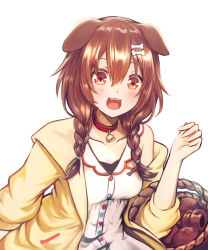 Rule 34 | 1girl, :3, absurdres, animal collar, animal ears, basket, blush, bone hair ornament, braid, bread, breasts, brown hair, buttons, chocolate cornet, cleavage, collar, collarbone, dog ears, dog girl, dress, fangs, food, hair between eyes, hair ornament, highres, hololive, inugami korone, inugami korone (1st costume), jacket, kutar22, looking at viewer, medium breasts, medium hair, off shoulder, open mouth, red eyes, simple background, smile, solo, twin braids, upper body, virtual youtuber, white background, white dress, yellow jacket