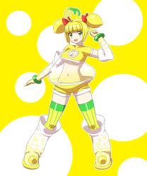 Rule 34 | 1girl, :d, ahoge, blonde hair, blush, blush stickers, boots, bow, breasts, c.c. lemon, c.c. lemon (character), cleavage, cleavage cutout, clothing cutout, elbow gloves, food, fruit, gloves, gradient hair, green eyes, green hair, hair bow, heart, highres, large breasts, lemon, matching hair/eyes, multicolored hair, navel, open mouth, see-through, short hair, short twintails, shorts, sidelocks, skirt, smile, solo, striped clothes, striped thighhighs, thighhighs, twintails, umi no tarako, underboob