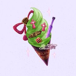 Rule 34 | character name, commentary request, dagger, food, food focus, foodification, genshin impact, highres, ice cream, knife, kuki shinobu, no humans, purple background, sparkle, weapon, weiyikande