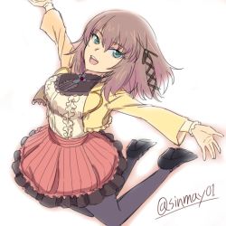 Rule 34 | 10s, 1girl, black footwear, black pantyhose, blue eyes, casual, commentary, frilled shirt, frilled skirt, frills, full body, girls und panzer, hair ornament, hair ribbon, high heels, itsumi erika, jacket, jumping, leaning back, long hair, long sleeves, looking at viewer, medium skirt, one-hour drawing challenge, open mouth, outstretched arms, pantyhose, ribbon, shinmai (kyata), shirt, silver hair, simple background, skirt, smile, solo, spread arms, twitter username, white background, white shirt, x hair ornament, yellow jacket