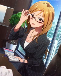 Rule 34 | 10s, 1girl, artist request, blonde hair, collarbone, formal, glasses, idolmaster, idolmaster million live!, jewelry, lipstick, long hair, looking at viewer, makeup, momose rio, necklace, office lady, pinstripe pattern, plant, red eyes, skirt, skirt suit, smile, solo, striped, suit, watch, window, wristwatch