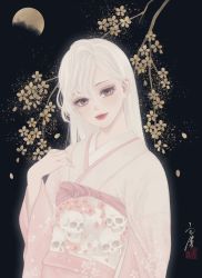 Rule 34 | 1girl, black background, brown eyes, cherry blossoms, closed mouth, commentary request, floral print, flower, full moon, hand up, head tilt, highres, japanese clothes, kimono, light smile, long hair, long sleeves, looking at viewer, moon, obi, obiage, original, petals, pink kimono, print kimono, print sash, sash, seal impression, signature, skull print, solo, upper body, ushiyama ame, white hair, wide sleeves