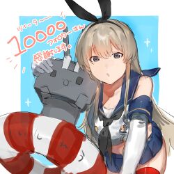 Rule 34 | 1girl, absurdres, anchor hair ornament, black hairband, black neckerchief, blonde hair, blue sailor collar, blue skirt, commentary request, crop top, elbow gloves, gloves, grey eyes, hair ornament, hairband, highres, kantai collection, leaning forward, lifebuoy, long hair, looking at viewer, microskirt, milestone celebration, miniskirt, neckerchief, pleated skirt, rensouhou-chan, sailor collar, shimakaze (kancolle), shishamo (domado), skirt, solo, swim ring, thighhighs, white gloves