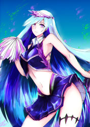 Rule 34 | 1girl, blue background, breasts, brynhildr (fate), cheerleader, fate/grand order, fate/prototype, fate/prototype: fragments of blue and silver, fate (series), highres, long hair, looking at viewer, medium breasts, otsunabe (naabe delta), pom pom (cheerleading), purple eyes, silver hair, skirt, smile, solo, very long hair