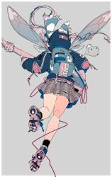 Rule 34 | 1girl, backpack, bag, bird, blue jacket, border, checkered clothes, checkered skirt, commentary request, daisukerichard, facing away, flat color, grey background, guitar, highres, holding, holding instrument, hood, insect wings, instrument, jacket, long sleeves, miniskirt, penguin, pink hair, shoes, simple background, skirt, socks, solo, white border, wings