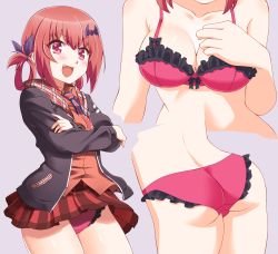 Rule 34 | 1girl, :d, ass, black bow, bow, bow bra, bra, breasts, buta (dhakaoat), collarbone, cowboy shot, fang, female focus, frilled bra, frilled panties, frills, gabriel dropout, hair ribbon, highres, jacket, long sleeves, looking at viewer, looking to the side, open clothes, open jacket, open mouth, panties, pantyshot, pleated skirt, red hair, ribbon, satanichia kurumizawa mcdowell, shiny skin, simple background, skirt, smile, solo, underwear, v-shaped eyebrows, wind, wind lift