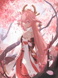 Rule 34 | 1girl, absurdres, animal ears, artist name, back bow, bare shoulders, bow, cherry blossoms, cowboy shot, day, detached sleeves, earrings, falling petals, floral print, fox ears, from behind, genshin impact, hair between eyes, hair intakes, hair over one eye, headpiece, highres, jewelry, long hair, looking at viewer, looking back, nontraditional miko, outdoors, petals, pink hair, red skirt, shirt, shoulder blades, skirt, slit pupils, smile, solo, tree, turtleneck, turtleneck shirt, white shirt, wide sleeves, xizuo, yae miko