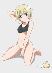 Rule 34 | 1girl, barefoot, blonde hair, blue eyes, blush, bottomless, breasts, cleavage, closed mouth, collarbone, erica hartmann, highres, looking at viewer, navel, no panties, panties, unworn panties, shiny skin, short hair, simple background, sitting, small breasts, solo, strike witches, tricky 46, underwear, white panties, world witches series