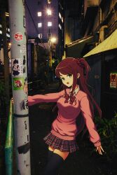 Rule 34 | 1girl, :d, akabane youko, alley, black thighhighs, bow, bowtie, building, bush, collared shirt, cowboy shot, green eyes, hanging, highres, lamppost, long hair, looking at viewer, manhole cover, night, nijisanji, nkymyura, one side up, open mouth, outdoors, pink sweater, plaid, plaid bow, plaid bowtie, plaid skirt, plant, pleated skirt, red bow, red bowtie, red hair, red skirt, shirt, sidelocks, skirt, sleeve cuffs, sleeves past wrists, smile, solo, sticker, sweater, thighhighs, utility pole, virtual youtuber, white shirt, window, zettai ryouiki
