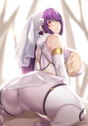Rule 34 | 1girl, absurdres, ass, aster crowley, bare shoulders, blush, breasts, bridal veil, cameltoe, cleft of venus, curvy, fate/grand order, fate (series), high heels, highres, huge ass, huge breasts, lips, long hair, looking at viewer, looking back, ponytail, purple hair, red eyes, scathach skadi (fate), sideboob, sitting, smile, solo, thick thighs, thighs, veil, wariza