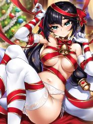 Rule 34 | 1girl, bell, black hair, breasts, casul, christmas, christmas tree, earrings, elbow gloves, garter belt, genshin impact, gloves, green eyes, highres, jewelry, jingle bell, long hair, looking at viewer, medium breasts, mona (genshin impact), naked ribbon, navel, neck bell, red ribbon, ribbon, star (symbol), star earrings, thighhighs, thighs, twintails, white gloves, white thighhighs