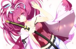 Rule 34 | 1girl, bare shoulders, camisole, groin, highres, katana, lying, midriff, pink hair, ponytail, solo, sword, umami mazu, under night in-birth, weapon, yuzuriha (under night in-birth)