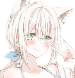 Rule 34 | 1girl, animal ears, bare shoulders, bikini, blue bikini, blue bow, blush, bow, close-up, closed mouth, collarbone, commentary, earrings, eyes visible through hair, fox ears, fox girl, fox shadow puppet, green eyes, hair between eyes, hair bow, halterneck, hiro (hirohiro31), hololive, jewelry, long hair, looking at viewer, pale skin, ponytail, portrait, shirakami fubuki, simple background, single earring, smile, solo, sweater, swimsuit, virtual youtuber, white background, white hair, white sweater
