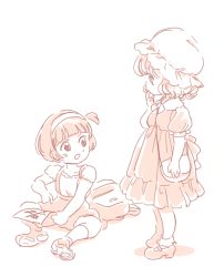 Rule 34 | 2girls, aged down, arm at side, backpack, bag, blunt bangs, child, collared dress, dress, expressionless, eye contact, finger to mouth, frilled sleeves, frills, hair ornament, hairband, hand up, hat, holding, holding paper, looking at another, maribel hearn, mary janes, mitsumoto jouji, mob cap, monochrome, multiple girls, neck ribbon, paper, pleated dress, pointing, profile, puffy short sleeves, puffy sleeves, ribbon, sepia, shadow, shoe soles, shoes, short hair, short sleeves, shorts, shoulder bag, simple background, sitting, socks, standing, suspenders, tareme, touhou, unworn backpack, unworn bag, usami renko, v-shaped eyebrows, wavy hair, white background