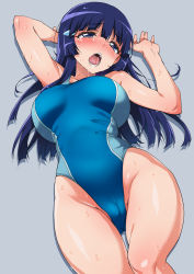 Rule 34 | 1girl, aoki reika, arms up, bad id, bad pixiv id, blue eyes, blue sky, blunt bangs, blush, breasts, cameltoe, cleft of venus, commentary request, competition swimsuit, crying, crying with eyes open, feet out of frame, glasses, gluteal fold, grey background, hair ornament, hairclip, highres, hime cut, large breasts, long hair, lying, mucha (muchakai), on back, one-piece swimsuit, open mouth, precure, saliva, saliva trail, sidelocks, simple background, sky, smile precure!, solo, swimsuit, tears, thighs, wet