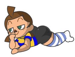 Rule 34 | 1girl, ahoge, animal crossing, ass, bike shorts, blue shirt, blue thighhighs, brown hair, closed mouth, female focus, forehead, from side, full body, green eyes, half-closed eyes, hand on own chin, happy, head rest, jaggy lines, looking to the side, lying, multicolored shirt, nintendo, on stomach, raised eyebrows, shiny clothes, shirt, short hair, short sleeves, simple background, smile, smug, solo, striped clothes, striped shirt, striped thighhighs, thighhighs, vilepluff, villager (animal crossing), white background, yellow shirt