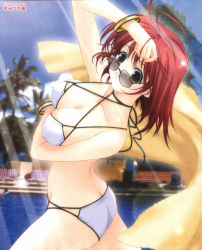 Rule 34 | 1girl, antenna hair, arched back, bikini, bracelet, breasts, butt crack, cleavage, corrupted metadata, covered erect nipples, day, female focus, grey eyes, highres, jewelry, kimizuka aoi, large breasts, lens flare, outdoors, pool, poolside, red hair, short hair, sky, solo, sunglasses, swimsuit, towel, white bikini