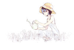 Rule 34 | 1girl, alternate costume, artist request, ayanami rei, blue hair, drawfag, dress, female focus, flower, gardening, hat, neon genesis evangelion, plant, red eyes, smile, solo, source request, straw hat, watering can, white background, white dress