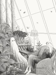 1girl 1other absurdres barefoot bug butterfly chair crosshatching dress ghost greenhouse greyscale hatching_(texture) head_rest highres insect lamp looking_at_another monochrome nib_pen_(medium) original pen_(medium) plant radio ryaw sheet_ghost sitting table traditional_media tree