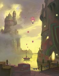 Rule 34 | ambiguous gender, balloon, bridge, castle, commentary request, crate, doora (dora0913), fantasy, fishing, fishing rod, fog, gondola, hat, highres, lake, original, outdoors, reflection, scenery, sky, stairs, standing, tower, water surface, yellow sky