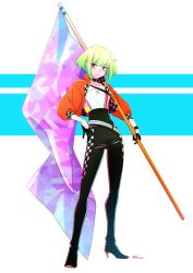 Rule 34 | black gloves, black pants, checkered clothes, checkered legwear, closed mouth, flag, gloves, green hair, half gloves, high heels, holding, holding flag, jacket, kalanchoe xxxx, lio fotia, male focus, pants, promare, purple eyes, race queen, short hair, signature
