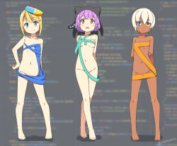 Rule 34 | 3girls, :d, animal ears, animal hat, arm behind back, arm grab, bare arms, bare legs, bare shoulders, barefoot, black hat, blonde hair, blue eyes, blurry, blurry background, blush, breasts, cat ears, cat hat, chinese commentary, closed mouth, collarbone, commentary request, crossed legs, dark-skinned female, dark skin, depth of field, groin, hair between eyes, hand on own hip, hat, hatsunatsu, head tilt, heterochromia, multicolored clothes, multicolored headwear, multiple girls, navel, open mouth, original, personification, purple hair, red eyes, revealing clothes, short hair, silver hair, small breasts, smile, standing, twitter username, watson cross, yellow eyes