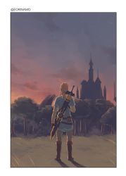 Rule 34 | 1boy, artist name, belt, blonde hair, blue tunic, brown footwear, castle, cloud, commentary, dark, dark sky, dusk, english commentary, eorinamo, fingerless gloves, from behind, gloves, grass, hair tie, highres, link, long sleeves, looking up, male focus, master sword, night, night sky, nintendo, outdoors, pointy ears, pouch, sheath, sheathed, sky, solo, standing, star (sky), star (symbol), starry sky, sword, sword behind back, the legend of zelda, the legend of zelda: breath of the wild, tree, tunic, weapon
