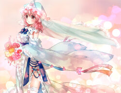 Rule 34 | 1girl, adapted costume, blue hat, blue kimono, bouquet, bridal veil, detached sleeves, flower, frilled kimono, frills, hat, holding, holding bouquet, japanese clothes, kimono, looking at viewer, mob cap, nagare, open mouth, pink background, pink eyes, pink hair, saigyouji yuyuko, short hair, solo, standing, thighhighs, touhou, triangular headpiece, veil, white thighhighs, wide sleeves