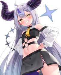 Rule 34 | 1girl, ahoge, bare shoulders, black panties, black shirt, black skirt, braid, commentary request, cowboy shot, crop top, detached sleeves, flat chest, grey hair, grin, hands on own hips, highres, hololive, horns, k mugura, la+ darknesss, long hair, long sleeves, looking at viewer, midriff, miniskirt, multicolored hair, navel, necktie, panties, pantyshot, pointy ears, revealing clothes, shirt, side slit, sidelocks, skirt, slit pupils, smile, smug, solo, standing, stomach, strap, streaked hair, thigh strap, thighs, underwear, uneven eyes, very long hair, virtual youtuber, yellow eyes