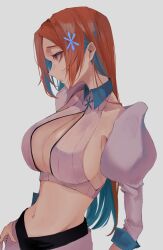Rule 34 | 1girl, black eyes, bleach, bleach: sennen kessen-hen, blue hair, breasts, cleavage, cleavage cutout, clothing cutout, collar, collared shirt, from side, hair ornament, highres, inoue orihime, large breasts, long hair, long sleeves, looking ahead, midriff, multicolored hair, navel, orange hair, revealing clothes, shirt, sideboob, solo, standing, two-tone hair, white background