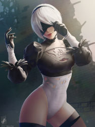 Rule 34 | 1girl, alternate costume, blindfold, cleavage cutout, clothing cutout, covered eyes, cowboy shot, feather-trimmed sleeves, hairband, highres, leotard, nier:automata, nier (series), short hair, silver hair, smile, solo, sunlight, themaestronoob, thighhighs, thighs, 2b (nier:automata)