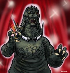 Rule 34 | 1boy, 2024, :3, academy awards, award, bow, bowtie, claws, dinosaur, formal, giant, giant monster, glowing, godzilla, godzilla (series), godzilla minus one, highres, holding, holding trophy, hollywood, kaijuu, looking at viewer, monster, no humans, real life, ribbon, sharp teeth, sketchatron, smile, spikes, standing, teeth, the academy awards, toho, trophy