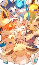 Rule 34 | blue eyes, blue sclera, blush, bow, brown eyes, closed eyes, colored sclera, creatures (company), eevee, espeon, evolutionary line, fins, flareon, game freak, gen 1 pokemon, gen 2 pokemon, gen 4 pokemon, gen 6 pokemon, glaceon, highres, jolteon, leafeon, lxipceluceos5r6, nintendo, no humans, open mouth, pokemon, pokemon (creature), purple eyes, purple sclera, red sclera, ribbon, smile, sylveon, umbreon, vaporeon, white eyes