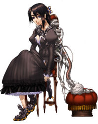 Rule 34 | 1girl, android, bad id, bad pixiv id, black dress, brown hair, chair, character request, closed mouth, dress, food, full body, gown, long hair, long sleeves, machine, original, puffy long sleeves, puffy sleeves, purple eyes, shoes, sitting, sleeves past wrists, smile, solo, sumiobunnya, white background